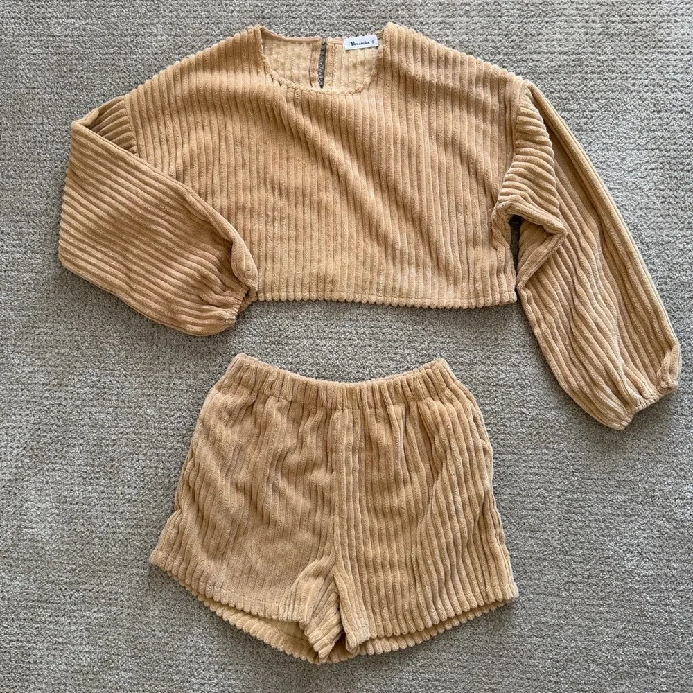 Camel Corduroy Ribbed Two-Piece Lounge Set - Picture 1 of 5
